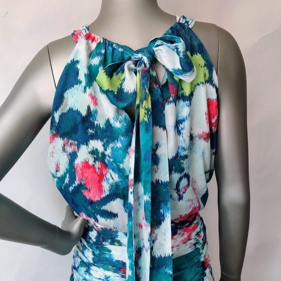 UNGARO Maureen Halter Maxi Dress M  Floral Blue Multi Ruched Waist Sleeveless - Picture 4 of 16
